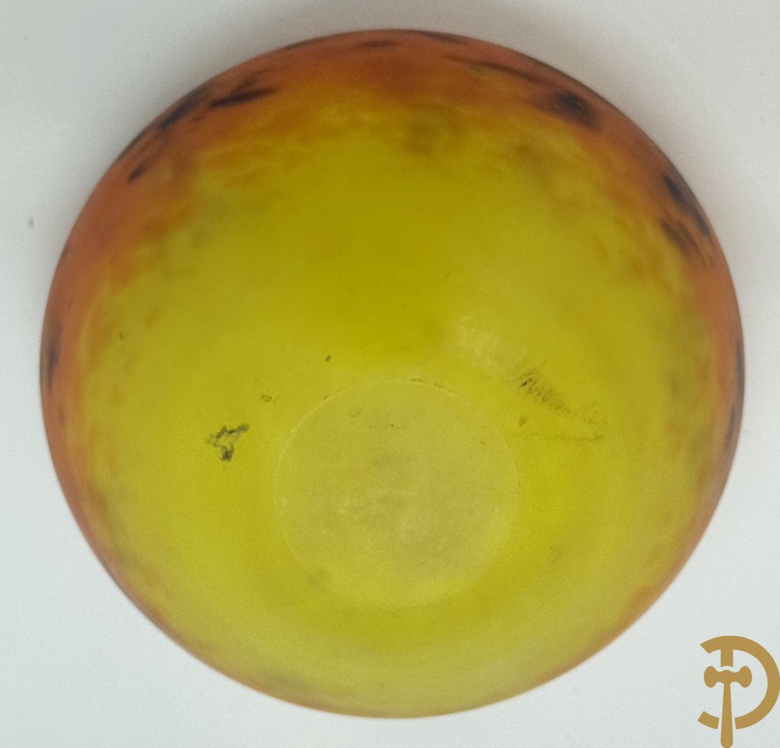 Kleurrijke kleine pate de verre coupe oranje/geel, Schneider getekend