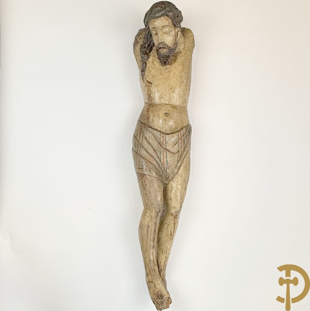 Antieke houtgesculpteerde gepolychromeerde Christus met lenden doek, zonder armen, 16e-17e ?