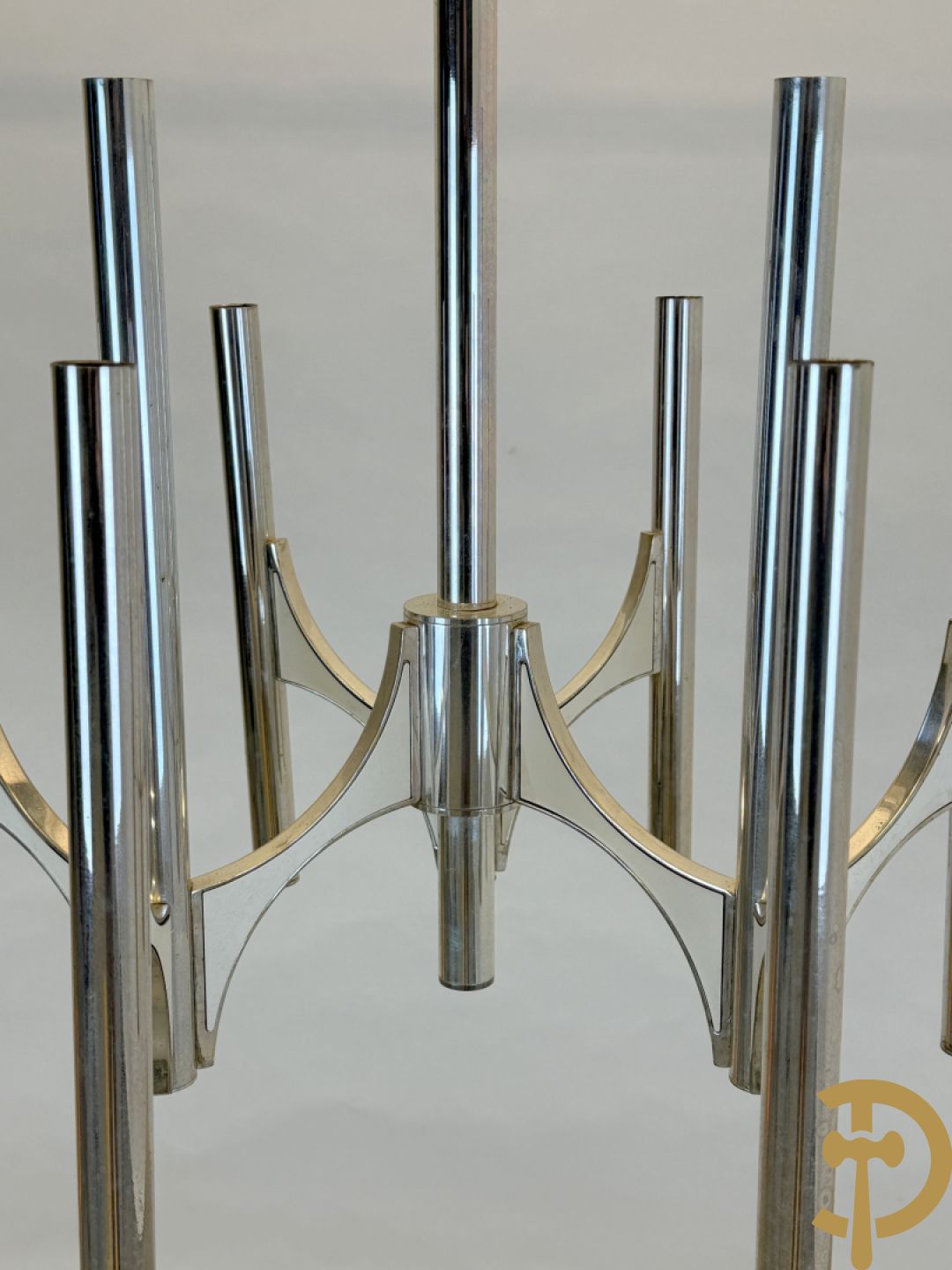 Vintage luchter met chromé buizen en 9 lichtpunten, Sciolari