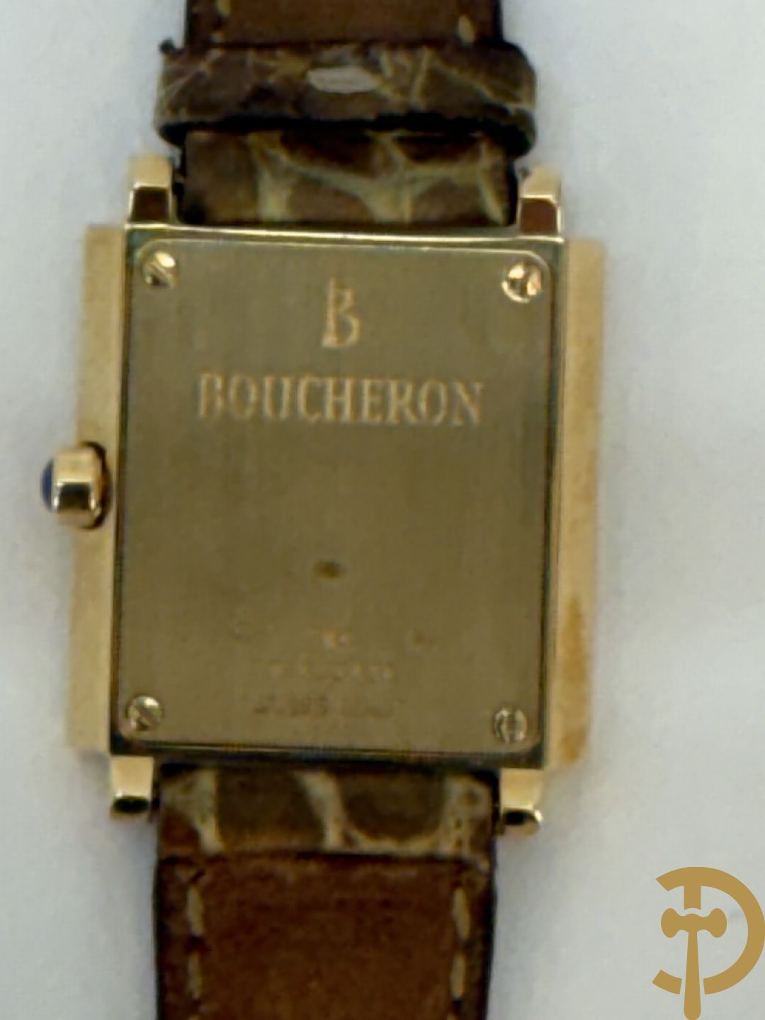 Geelgouden dameshorloge Boucheron Carrée in bijhorende lederen box, gemerkt 18 Kt. en genummerd 403436 - Met 2 verschillende bandjes + certificaten
