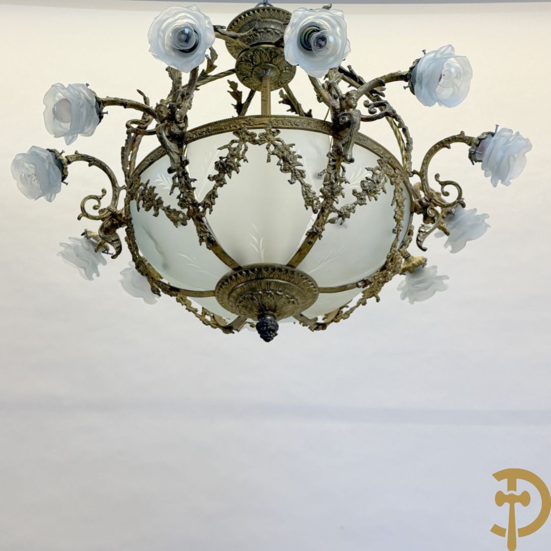 Bronzen ronde luchter met 12 lichtpunten en roosjes