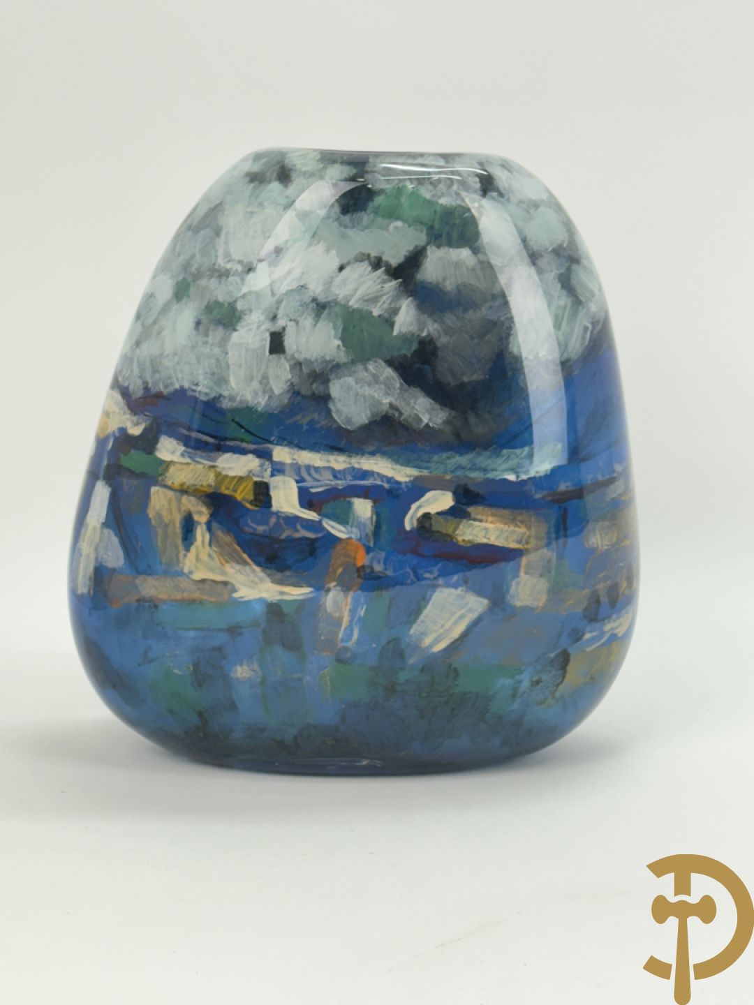 Ongetekend kleurrijke modernistische glaspasta vaas met impressionistisch landschapsdecor