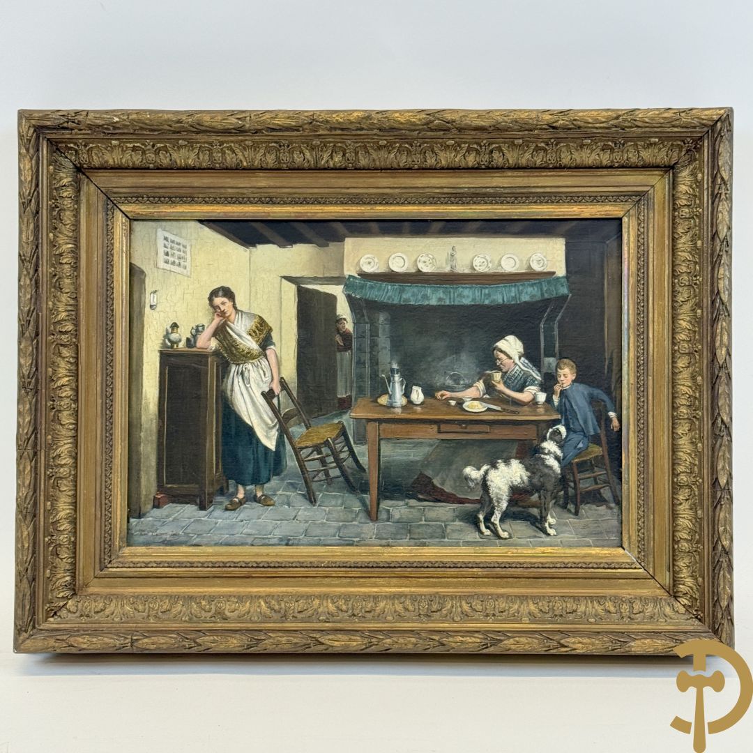 CARPENTIER Ev.st getekend 'Geanimeerde huiselijke scène bij de keukentafel' olie op doek gemaroufleerd op karton