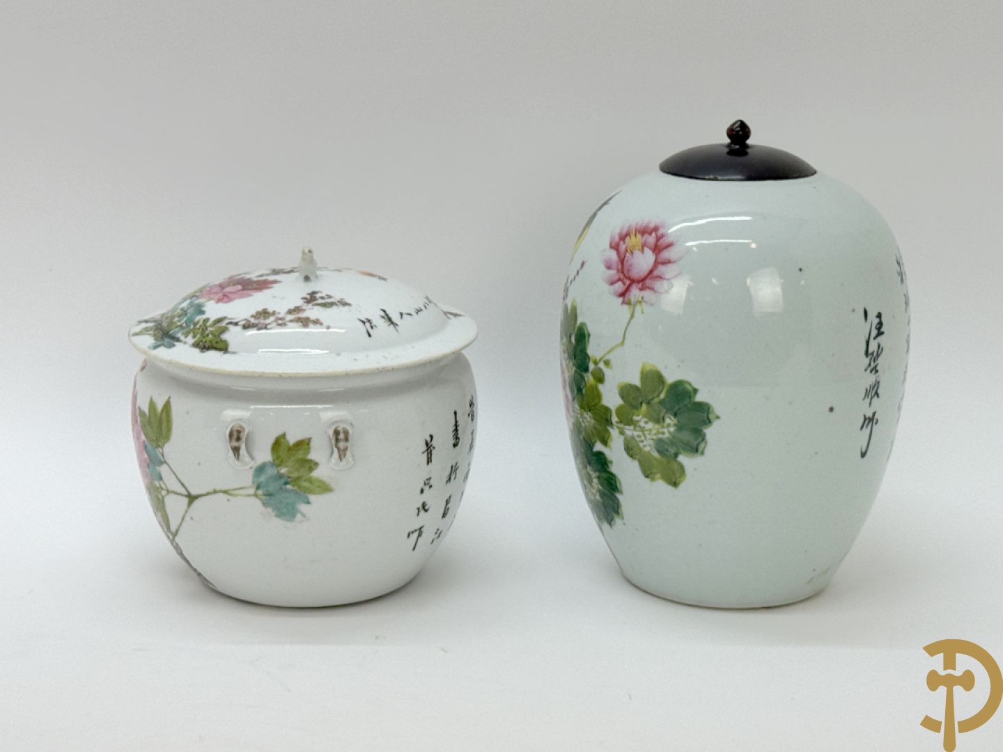 Chinese porseleinen dekselpotiche met vogel- en bloemendecor + Chinese porseleinen dekselkom met bloemen- en vogeldecor