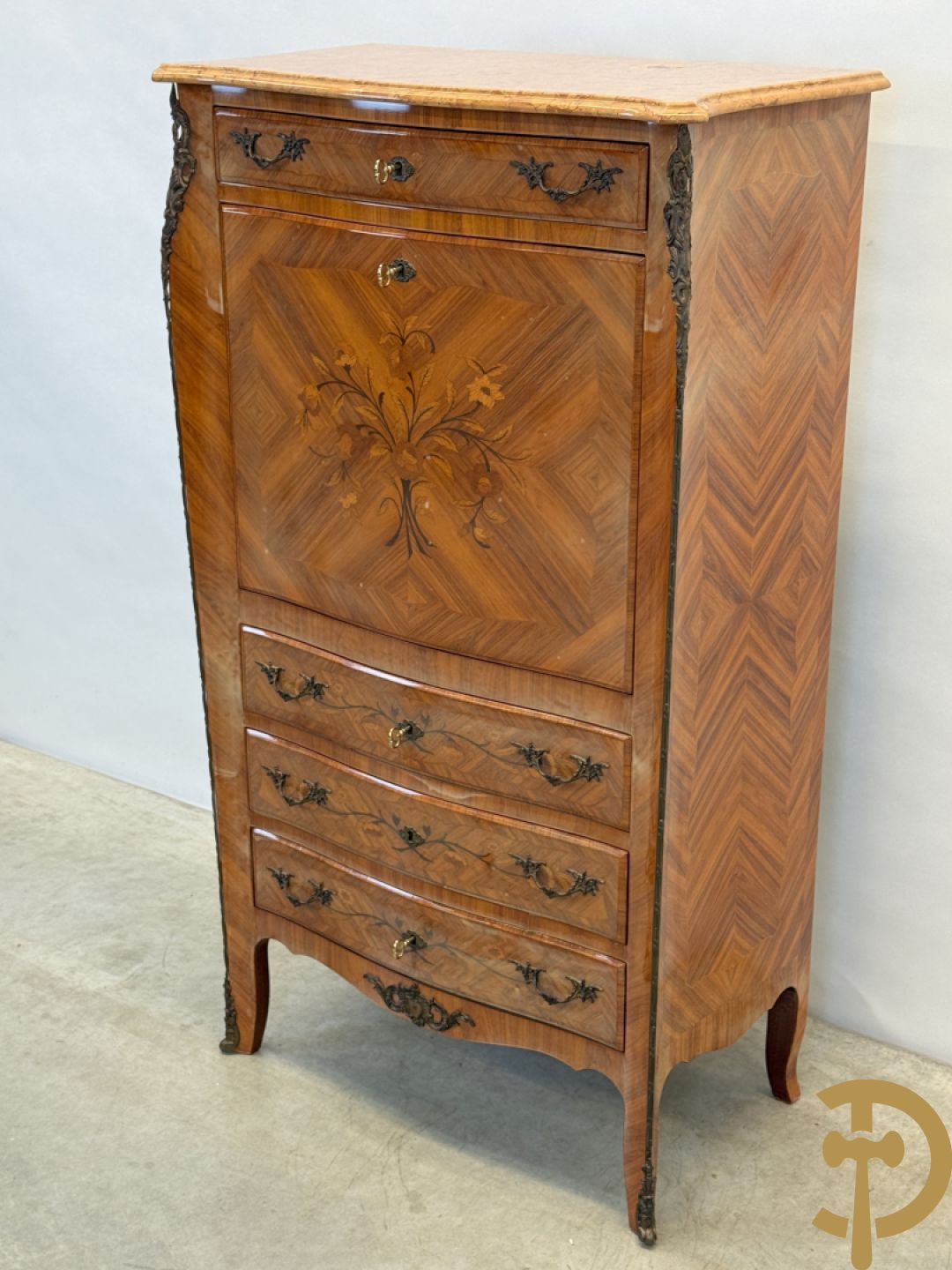 Notelaren klapsecretaire met 4 lades en bloemenmarquetterie, bezet met bronzen ornamenten - bovenaan met marmeren blad