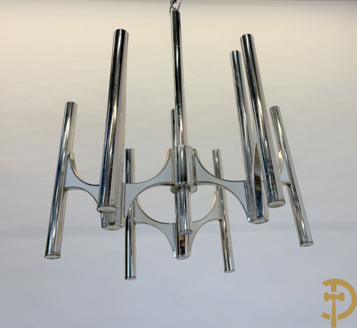 Vintage luchter met chromé buizen en 9 lichtpunten, Sciolari
