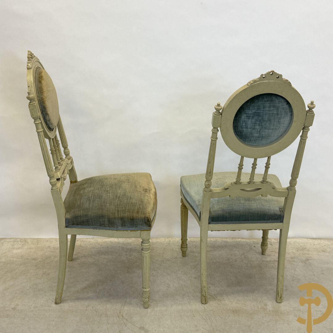 Louis XVI salonensemble bestaande uit canapé, 2 armzetels, 2 stoelen en salontafel