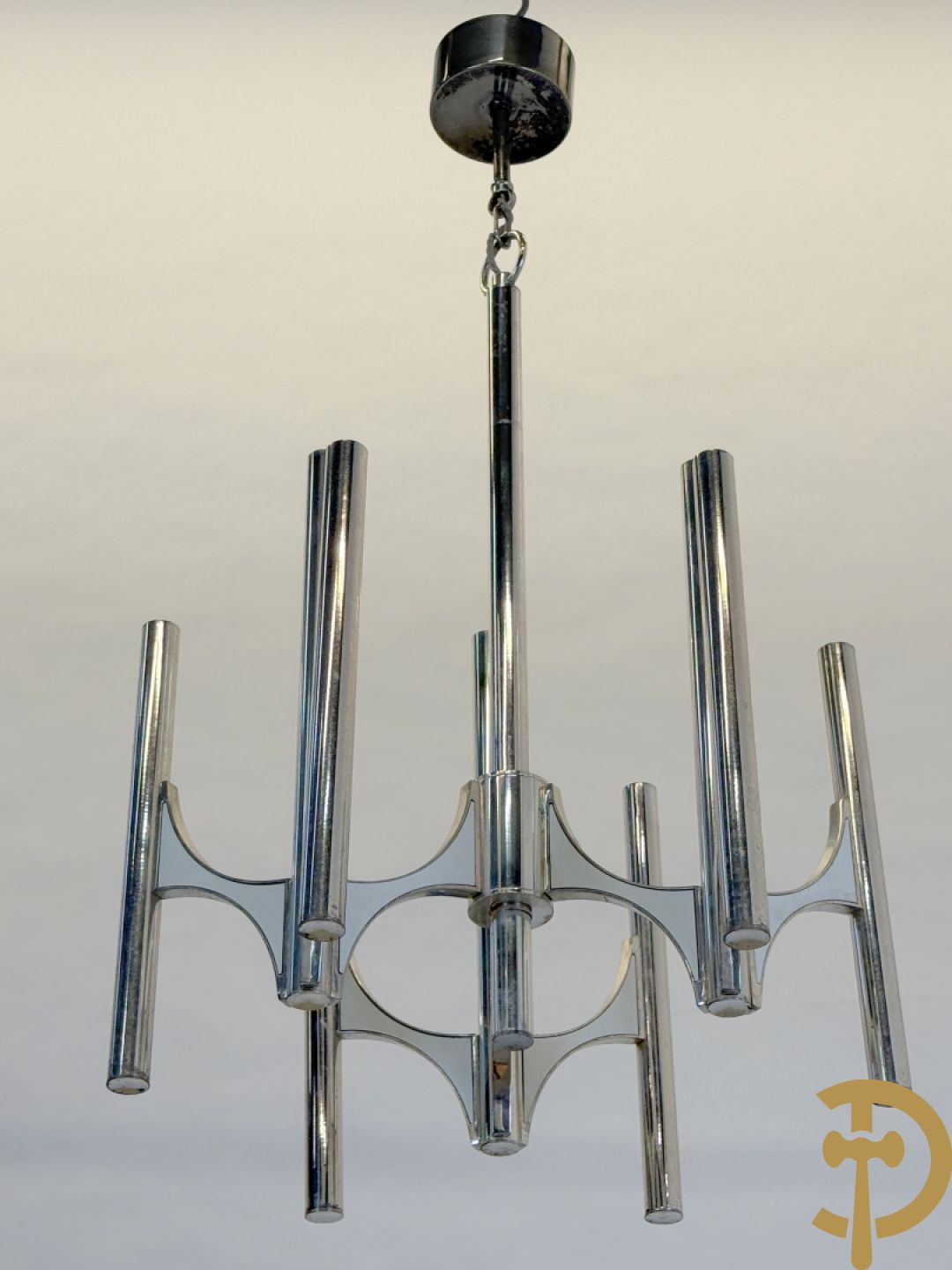 Vintage luchter met chromé buizen en 9 lichtpunten, Sciolari