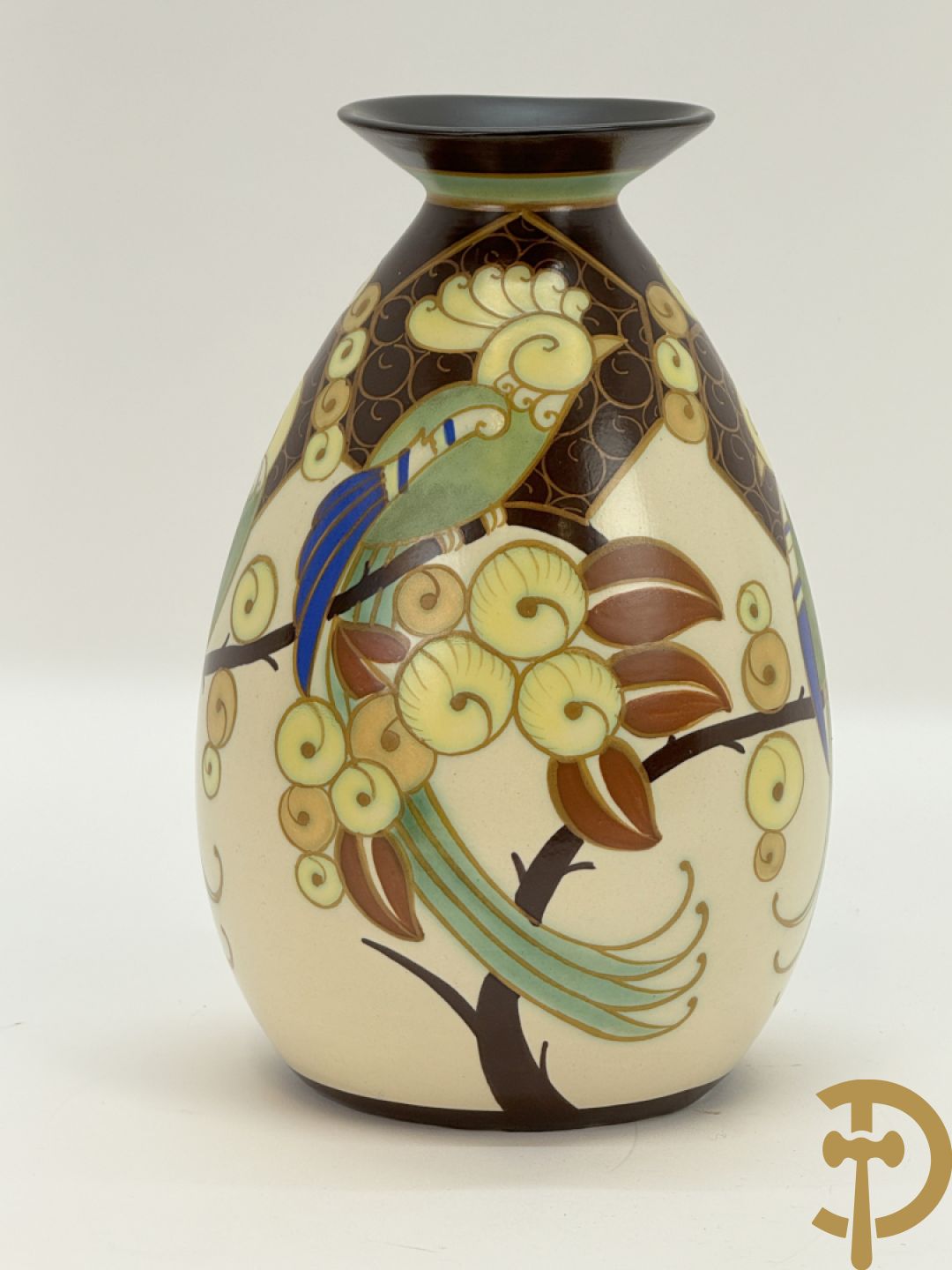 Keramieken Keramis Art Deco vaas met papegaaiendecor, Nr. 1130, Decor 945