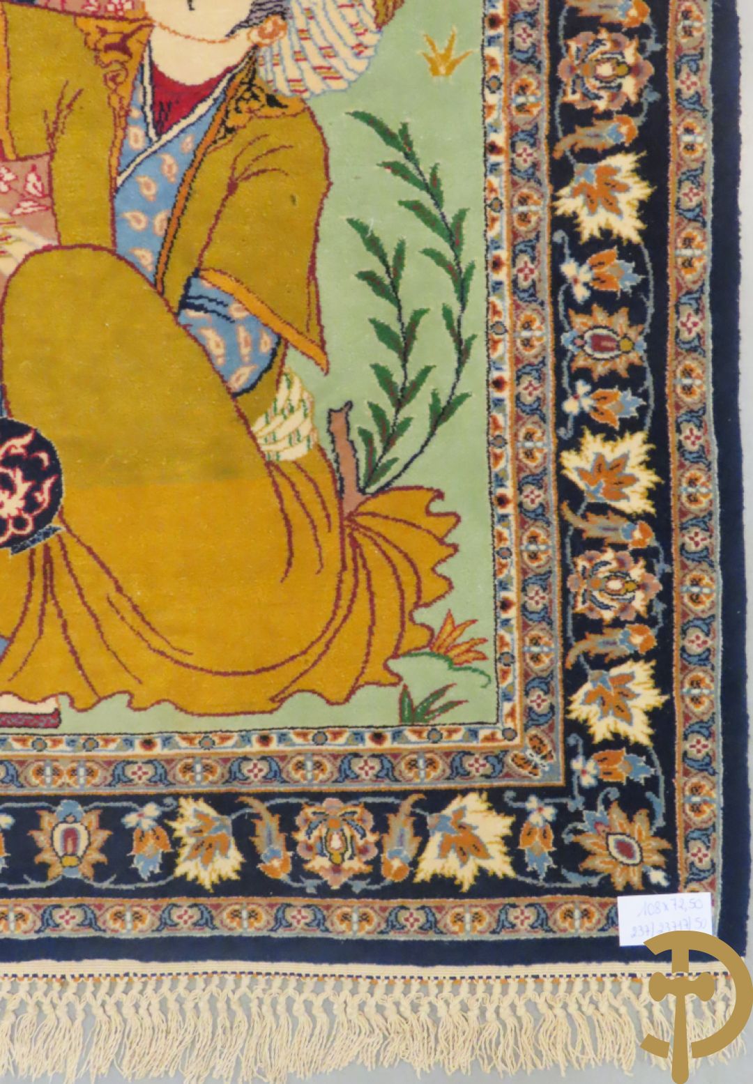 Perzisch handgeknoopt geïllustreerd tapijt met decor van musicerende dame en drinkende man