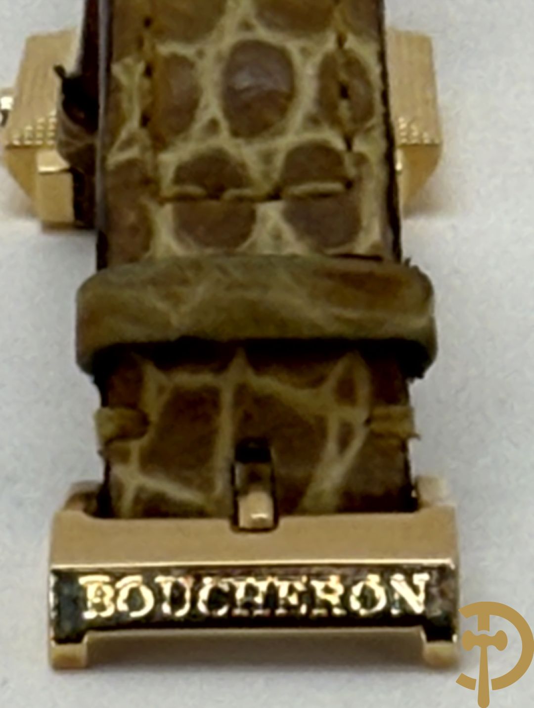 Geelgouden dameshorloge Boucheron Carrée in bijhorende lederen box, gemerkt 18 Kt. en genummerd 403436 - Met 2 verschillende bandjes + certificaten