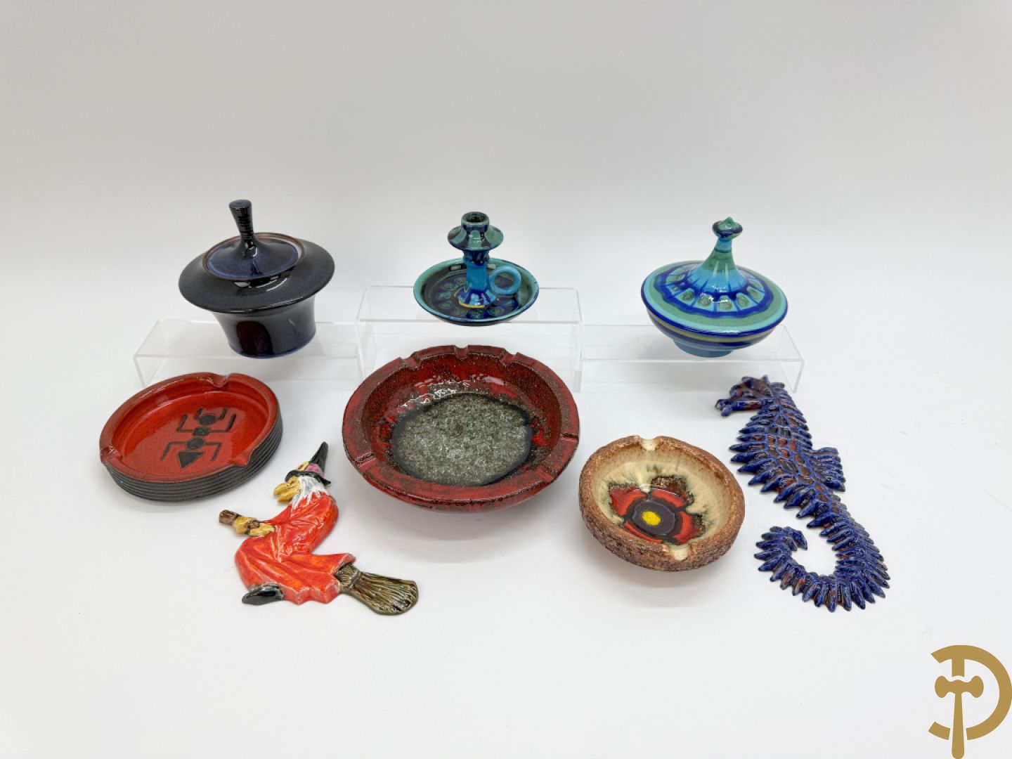 Vintage keramieken dekselpotiche van Amphora, schaal Perignem, Goud dekselpotiche, Flora Holland kaarsenhouder, zeepaard en vliegende heks