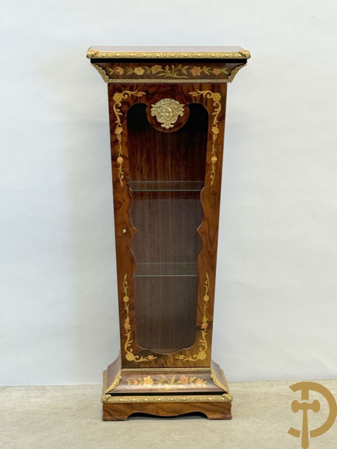 Notelaren sokkel met ingebouwde vitrine, marquetterie en bronsbelag