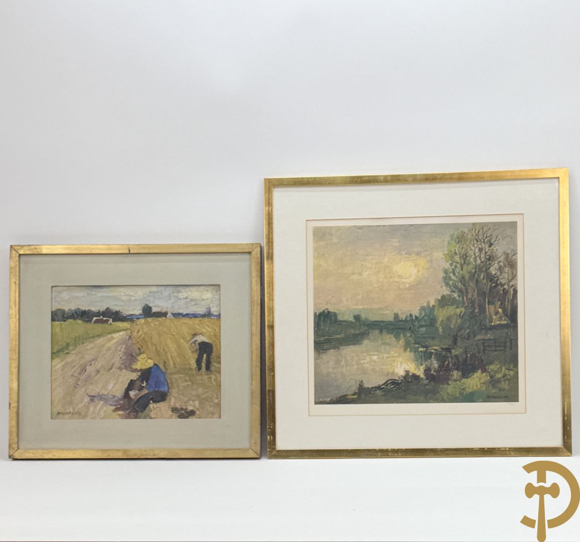 DHEEDENE getekend 'Landschap met vlassers' olie op doek gemaroufleerd op paneel + DHEEDENE getekend 'Leiezicht' litho 40/150