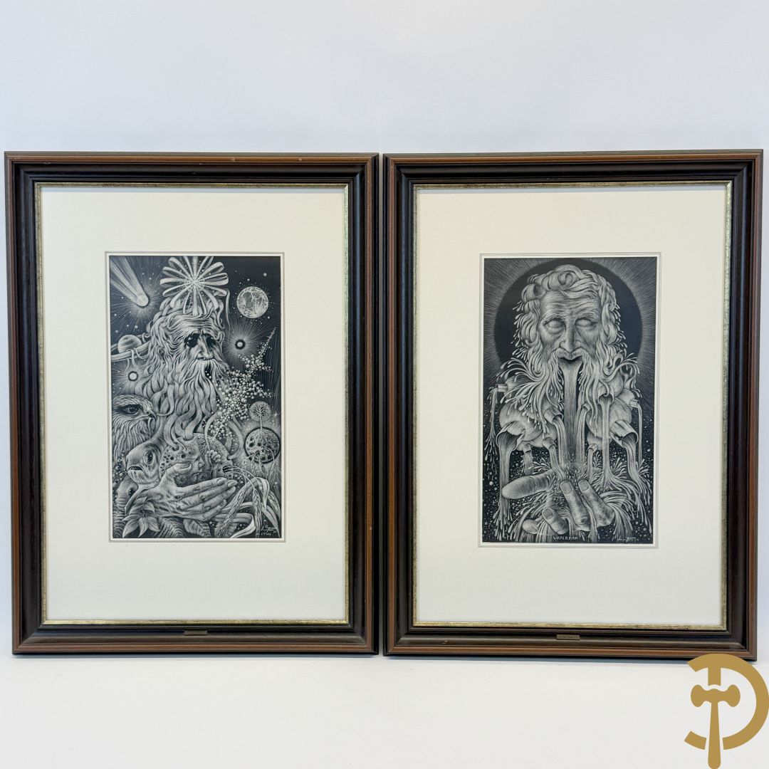 DE PAUW Luc J.C. getekend '76 'Waterman' gravure op scraperboard + DE PAUW Luc J.C. getekend '76 'De zesde dag' gravure op scraperboard