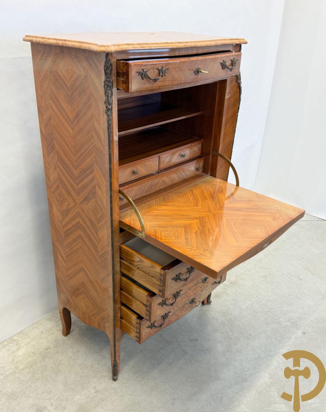 Notelaren klapsecretaire met 4 lades en bloemenmarquetterie, bezet met bronzen ornamenten - bovenaan met marmeren blad
