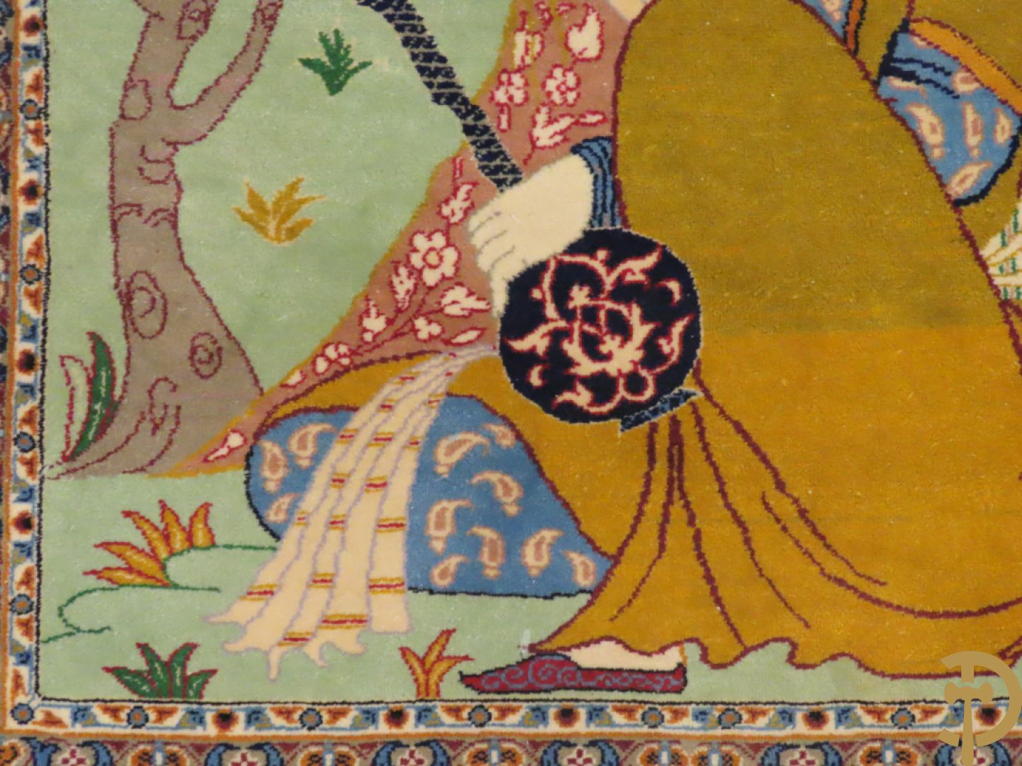 Perzisch handgeknoopt geïllustreerd tapijt met decor van musicerende dame en drinkende man