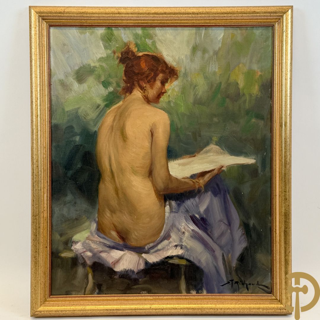 RICHARD D.T. getekend 'Ruggelings zittende naakte dame' olie op doek