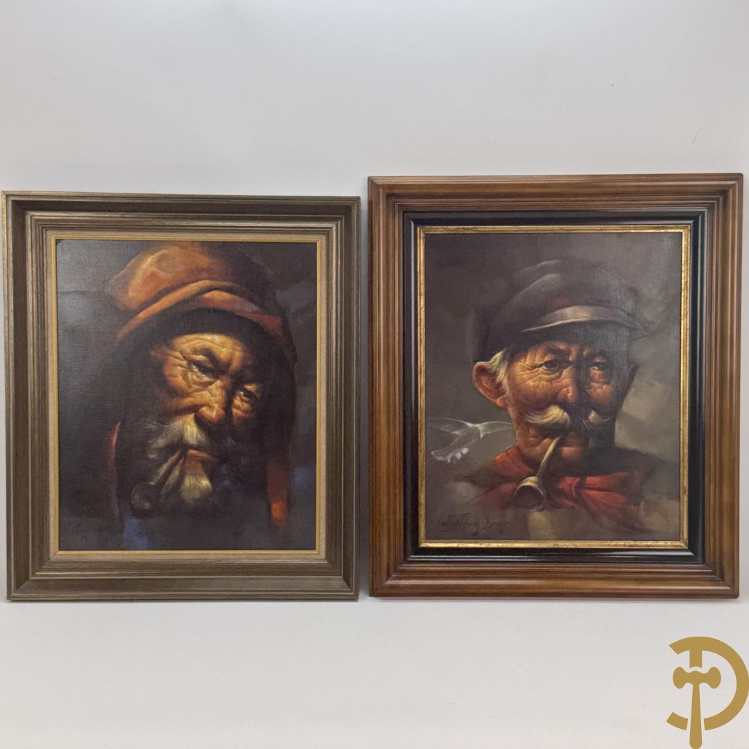 VAN BELLEGHEM Aimé getekend Brugge 'Karakterkop van oude man met pet en pijp' olie op doek + VAN BELLEGHEM Aimé getekend Brugge 'Karakterkop van visser' olie op doek