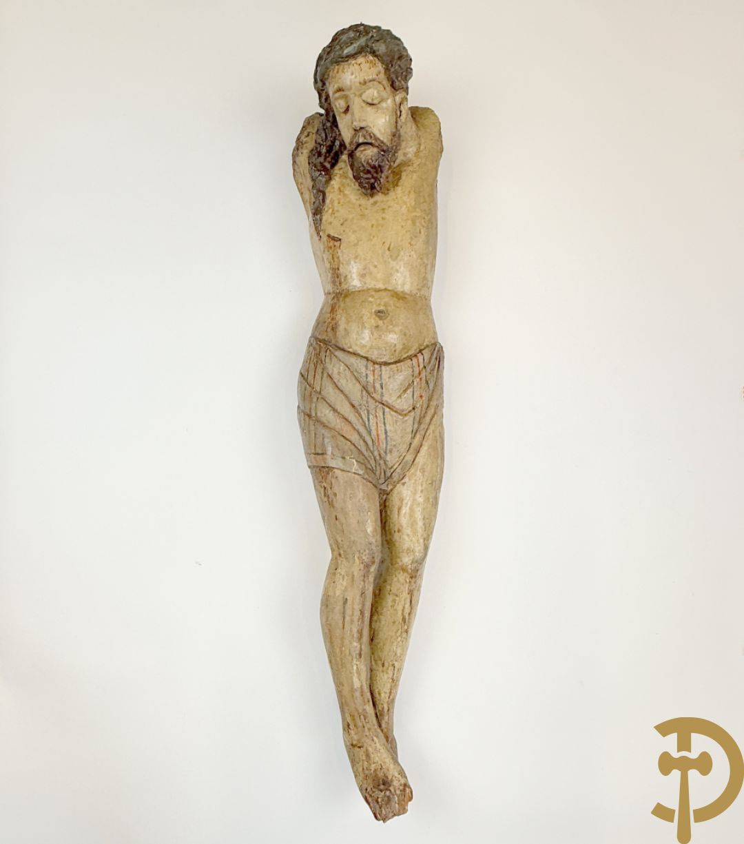 Antieke houtgesculpteerde gepolychromeerde Christus met lenden doek, zonder armen, 16e-17e ?
