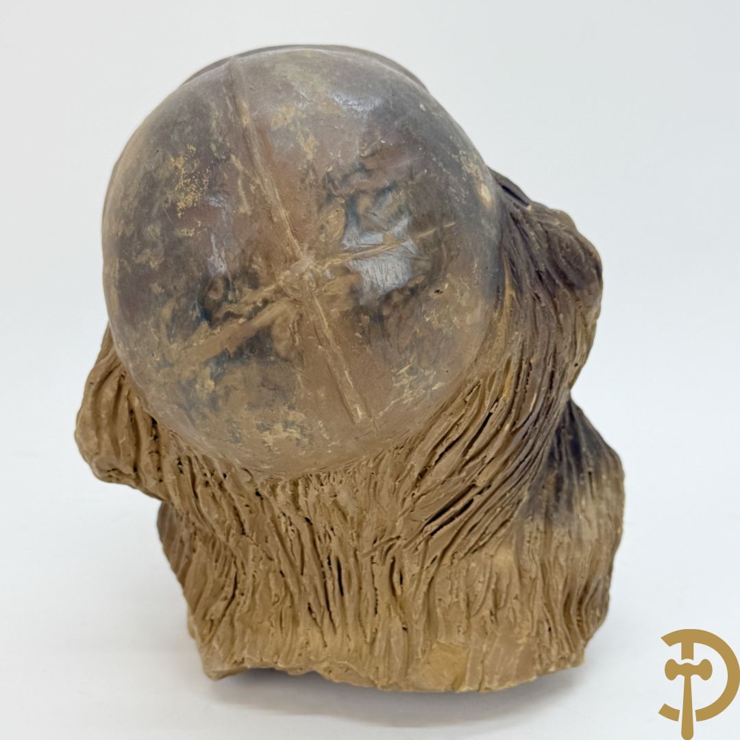 Houtgesculpteerd eiken basrelief karakterkop van man met baard + terra cotta karakterkop van man met baard, achteraan gemerkt Buster 