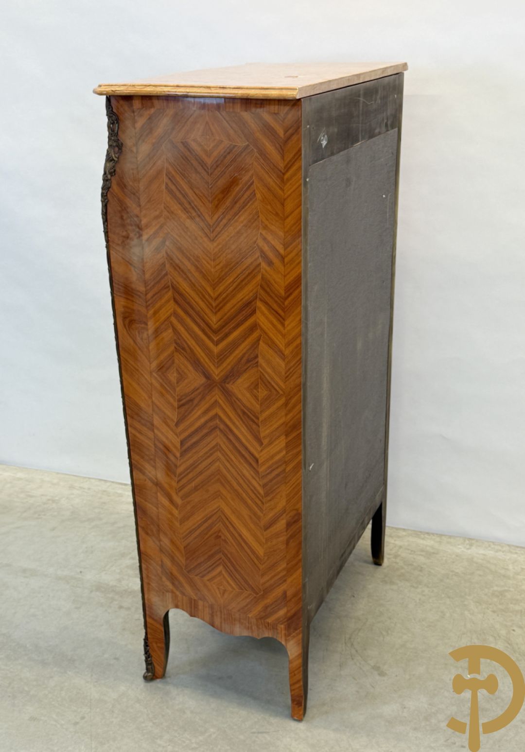 Notelaren klapsecretaire met 4 lades en bloemenmarquetterie, bezet met bronzen ornamenten - bovenaan met marmeren blad