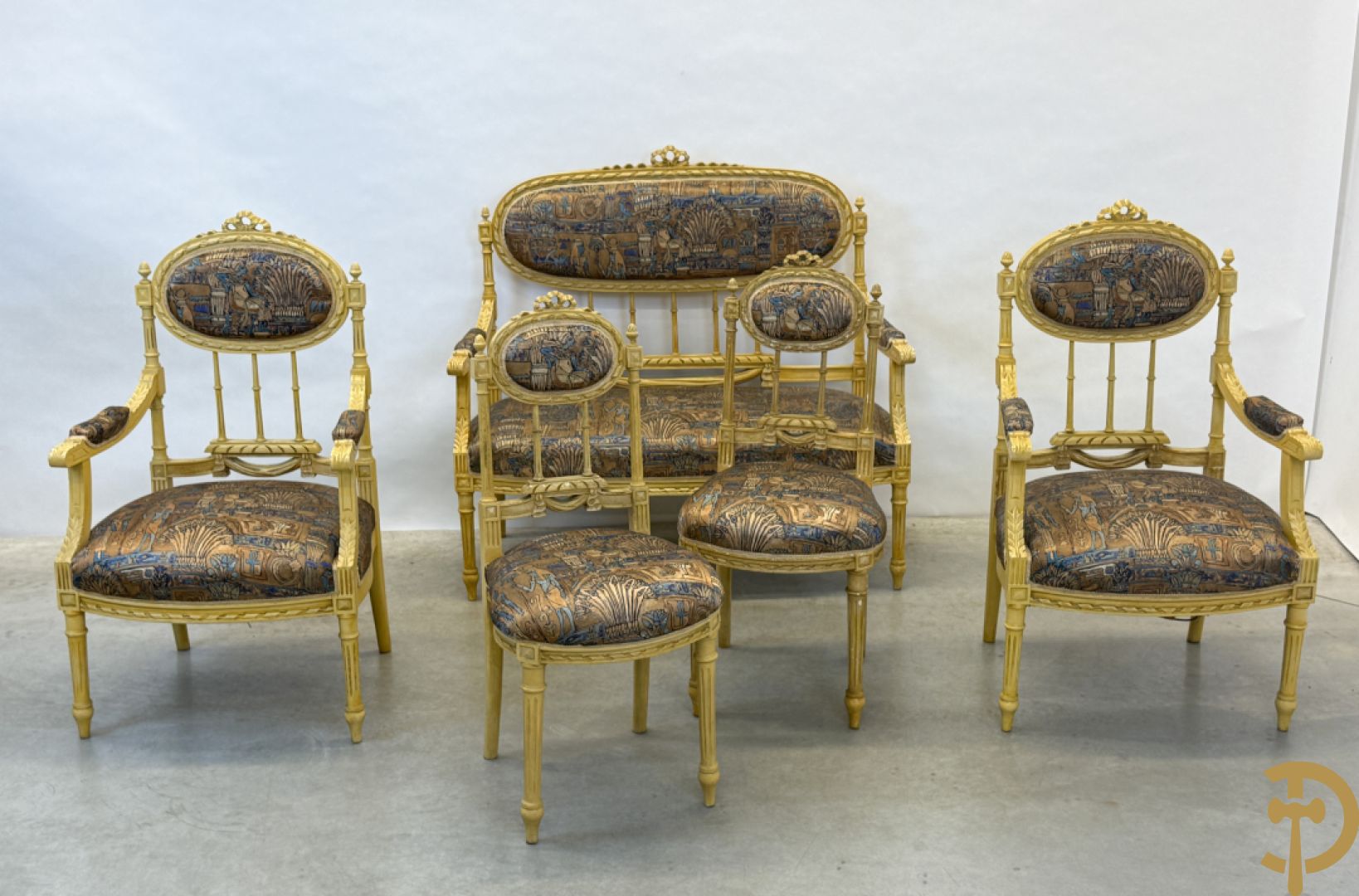 Vijfdelig gepolychromeerd Louis XVI salonensemble bestaande uit canapé, 2 fauteuils en 2 stoelen
