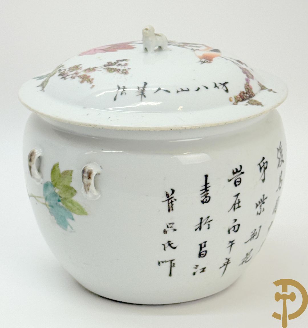 Chinese porseleinen dekselpotiche met vogel- en bloemendecor + Chinese porseleinen dekselkom met bloemen- en vogeldecor