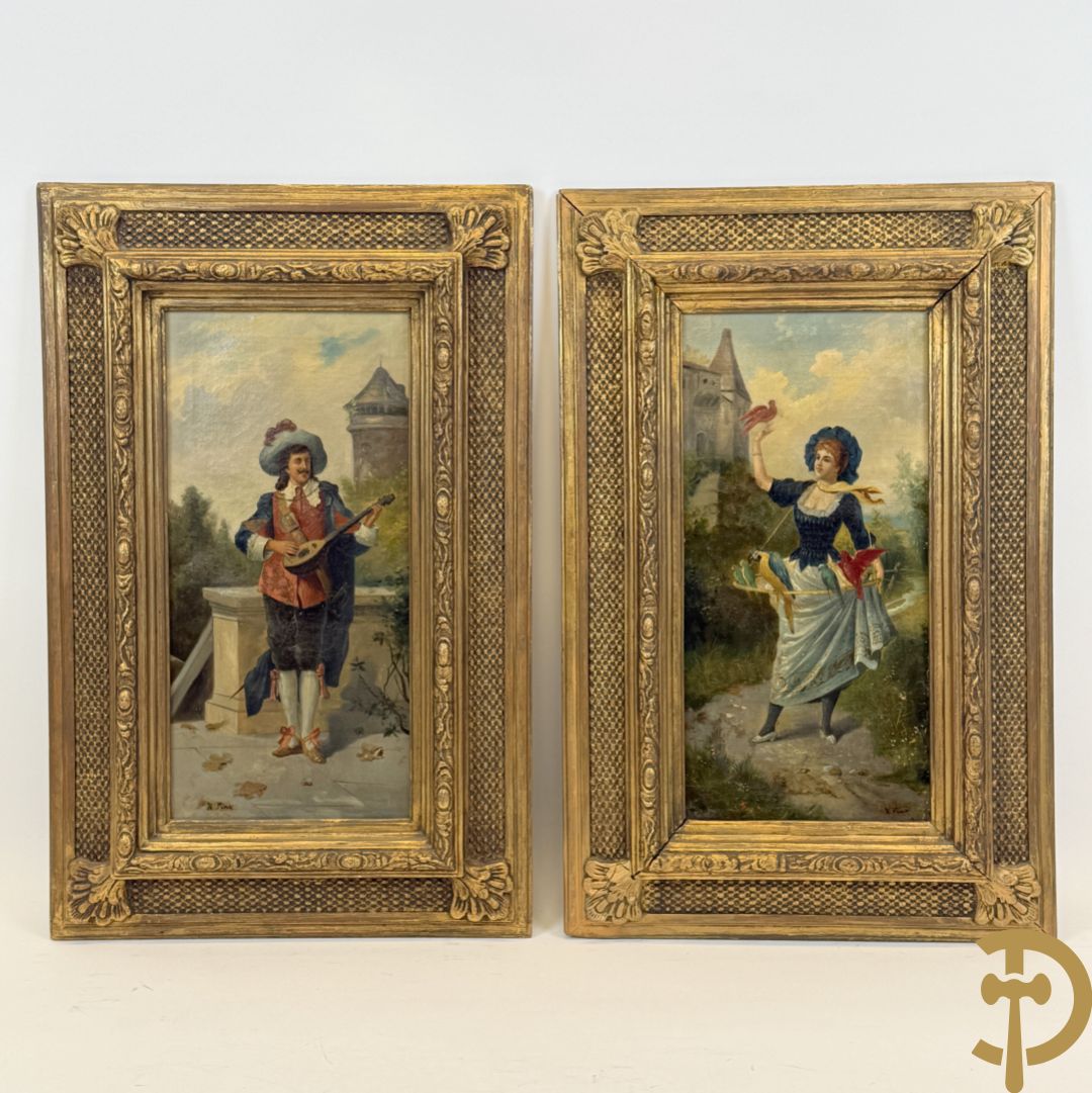 FINK K. getekend 'Lieftallig paar bij kasteel' pendant olie op doek