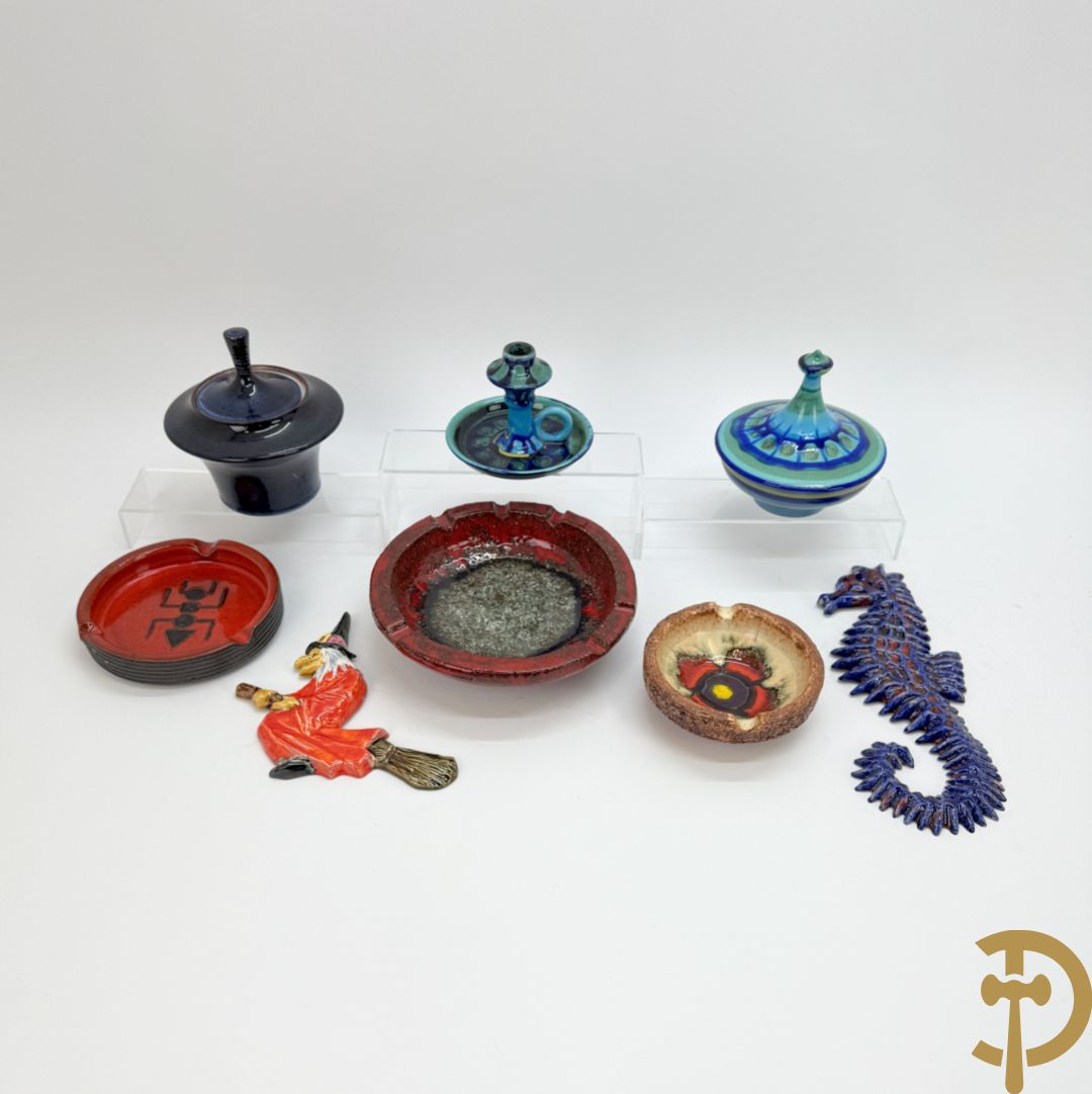 Vintage keramieken dekselpotiche van Amphora, schaal Perignem, Goud dekselpotiche, Flora Holland kaarsenhouder, zeepaard en vliegende heks