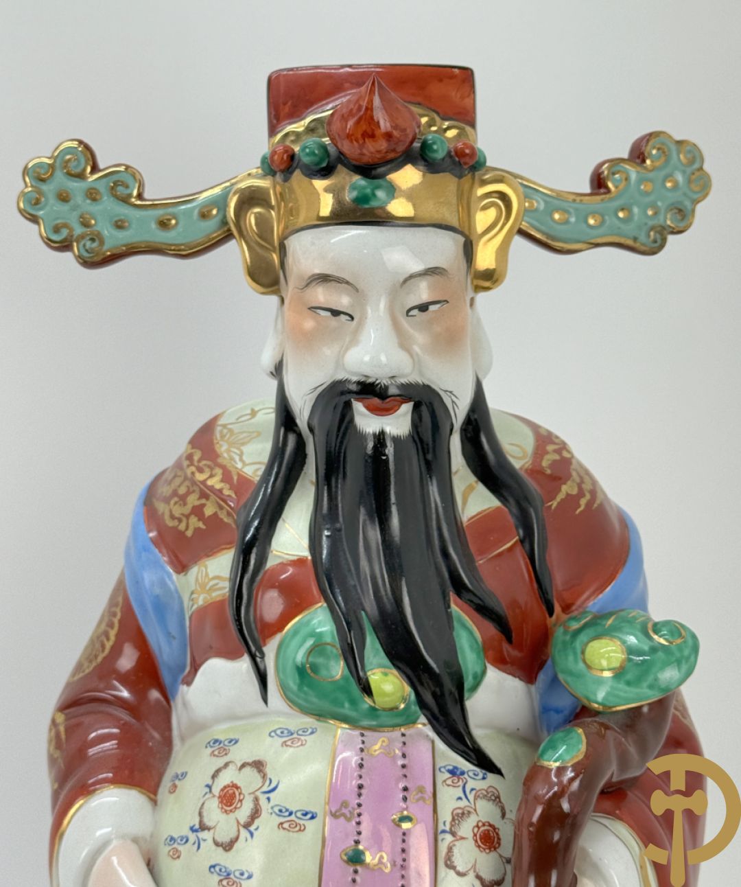 Chinese keramieken wijsgeer met staf + paar papegaaien in meerkleurige keramiek + 2 paar Aziatische keramieken fo-hondjes