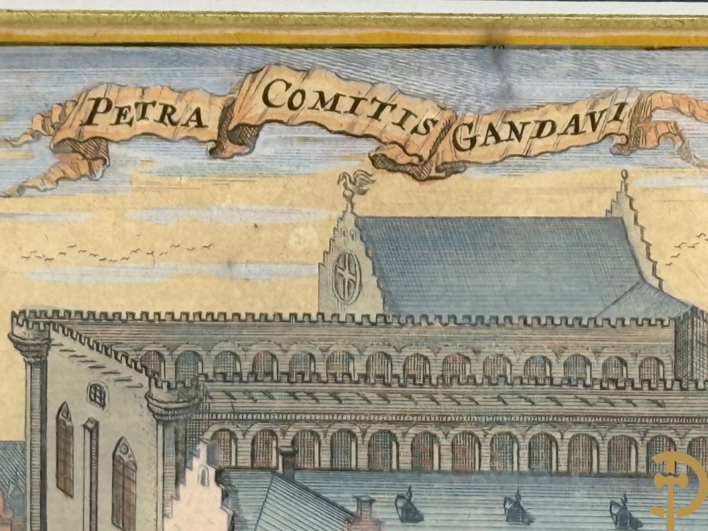 Handgekleurde kopergravure van de Kouter Gent uit Sanderus + handgekleurde kopergravure van Gravensteen uit Sanderus