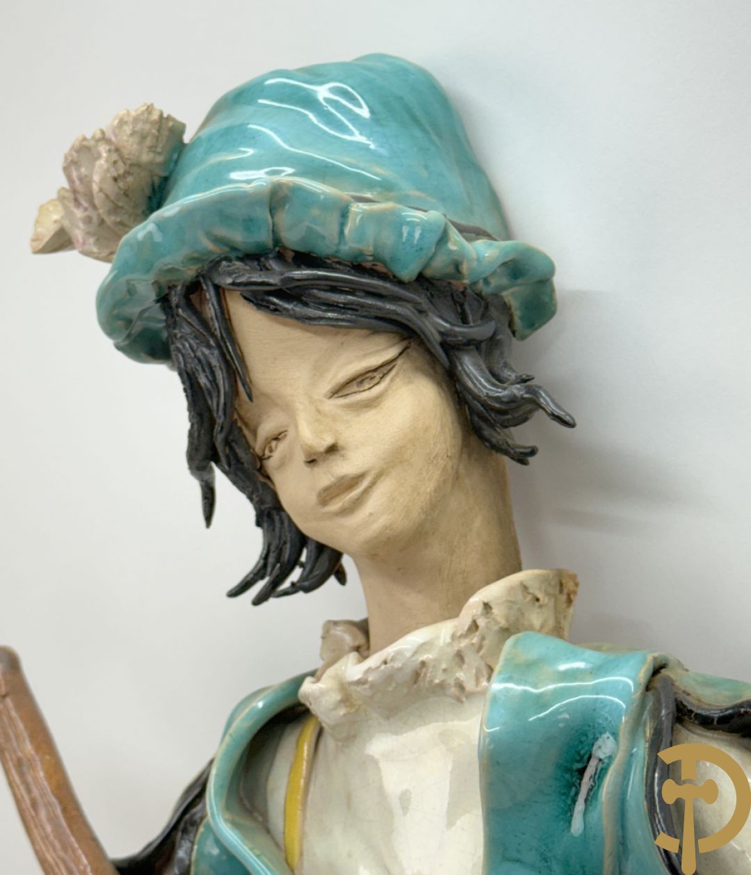 Keramieken troubadour, Italiaans en handgekleurd, Dandoy Gigi getekend, eind jaren 