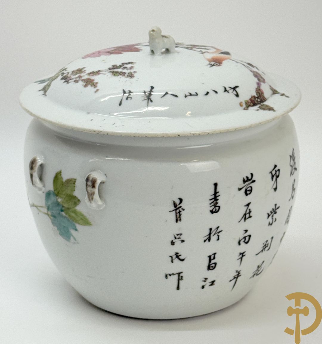 Chinese porseleinen dekselpotiche met vogel- en bloemendecor + Chinese porseleinen dekselkom met bloemen- en vogeldecor