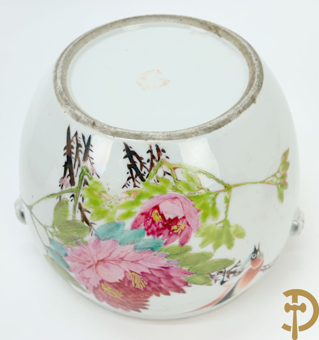 Chinese porseleinen dekselpotiche met vogel- en bloemendecor + Chinese porseleinen dekselkom met bloemen- en vogeldecor