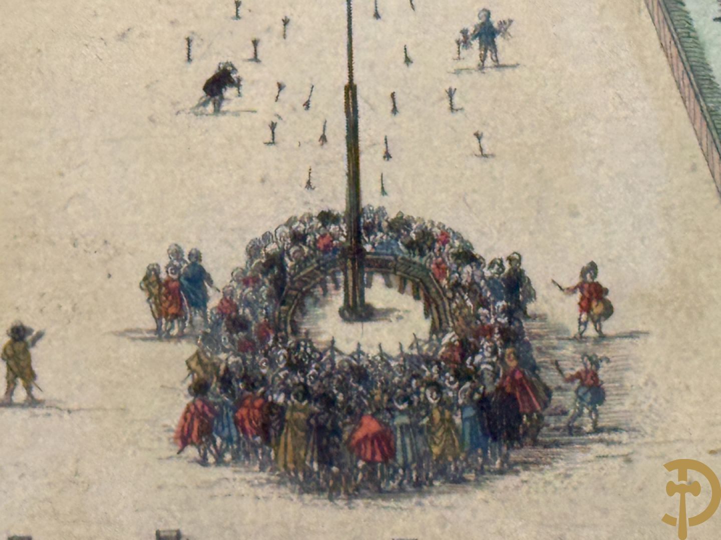 Handgekleurde kopergravure van de Kouter Gent uit Sanderus + handgekleurde kopergravure van Gravensteen uit Sanderus