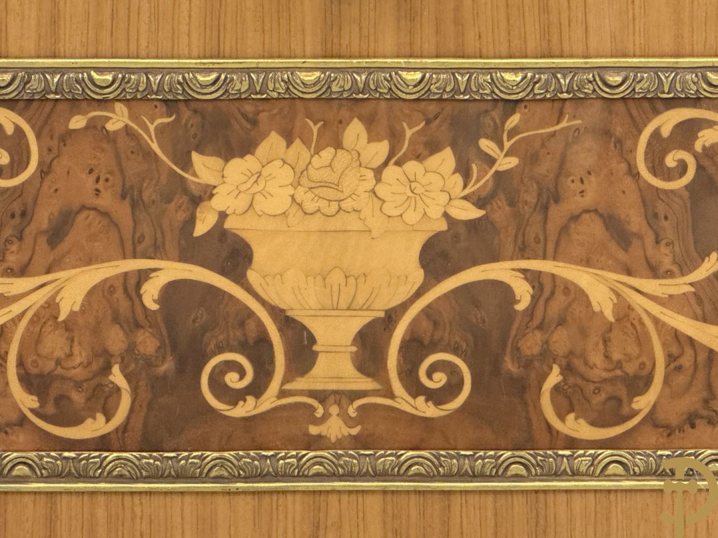 Notelaren TV/barmeubel bezet met bloemenmarquetterie en bronzen ornamenten met porseleinen plakkettes