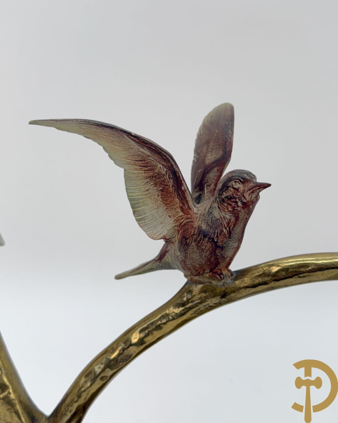 Ongetekend - Vergulde bronzen tak met zes vogels, op onix marmeren sokkel