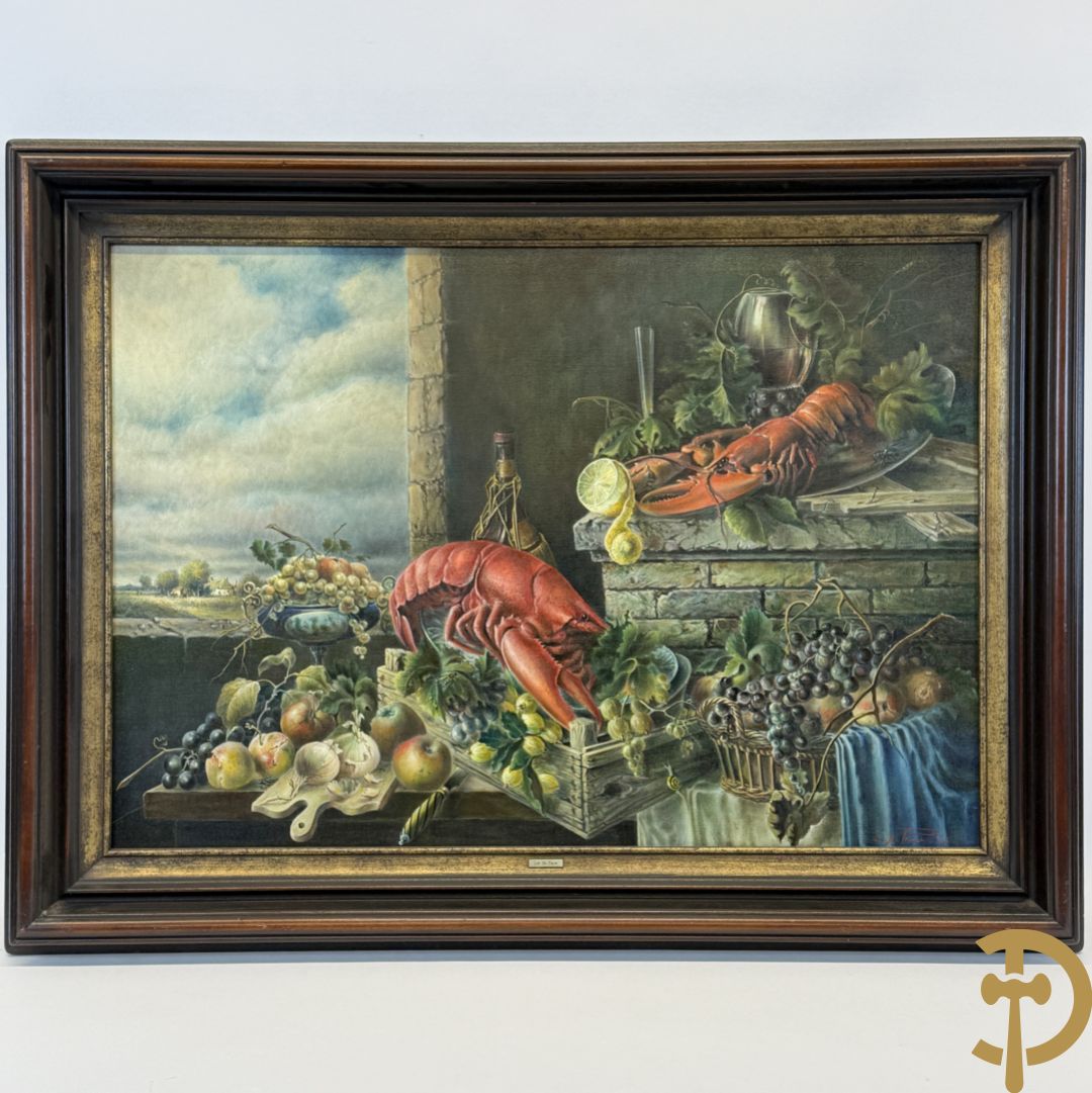 DE PAUW Luc J.C. getekend 'Weelderig stilleven met kreeft, druiven, appelen, ajuinen en citroen' olie op doek