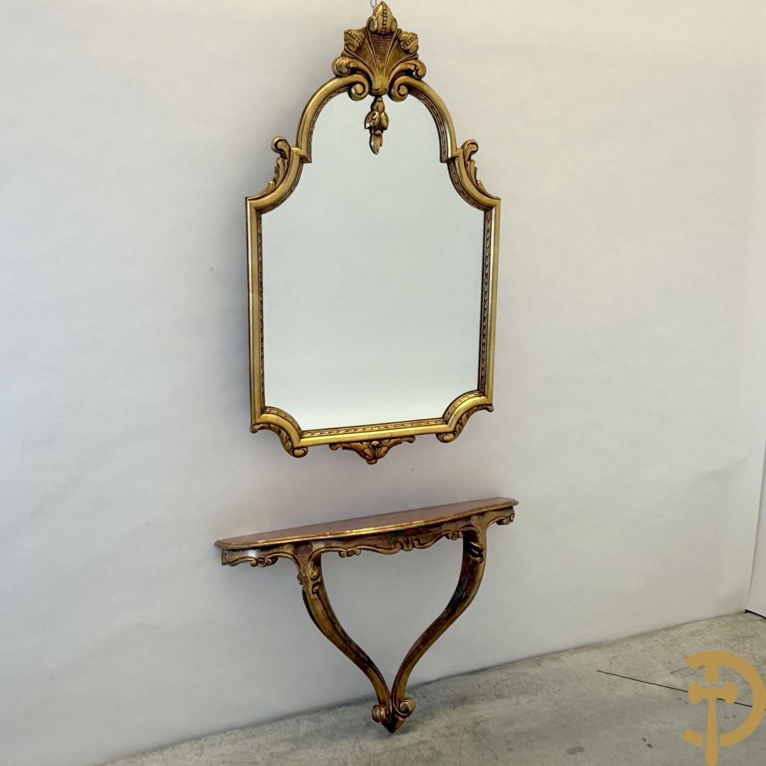 Vergulde spiegel met rocailles + console Louis XV stijl