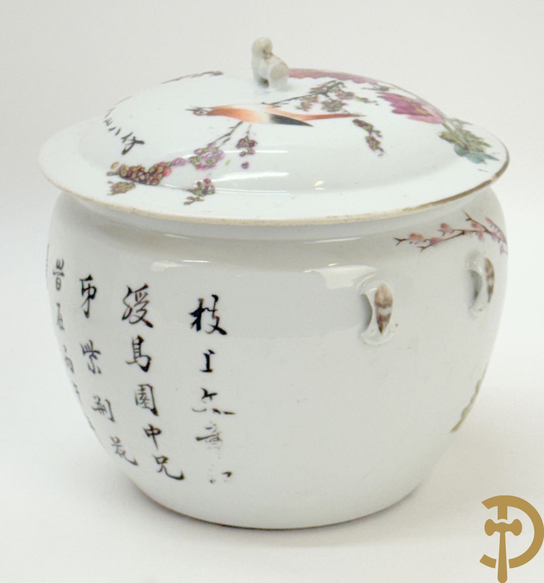 Chinese porseleinen dekselpotiche met vogel- en bloemendecor + Chinese porseleinen dekselkom met bloemen- en vogeldecor