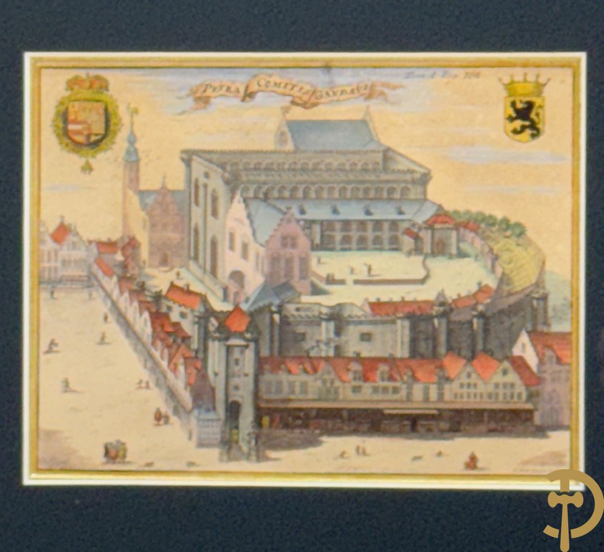 Handgekleurde kopergravure van de Kouter Gent uit Sanderus + handgekleurde kopergravure van Gravensteen uit Sanderus