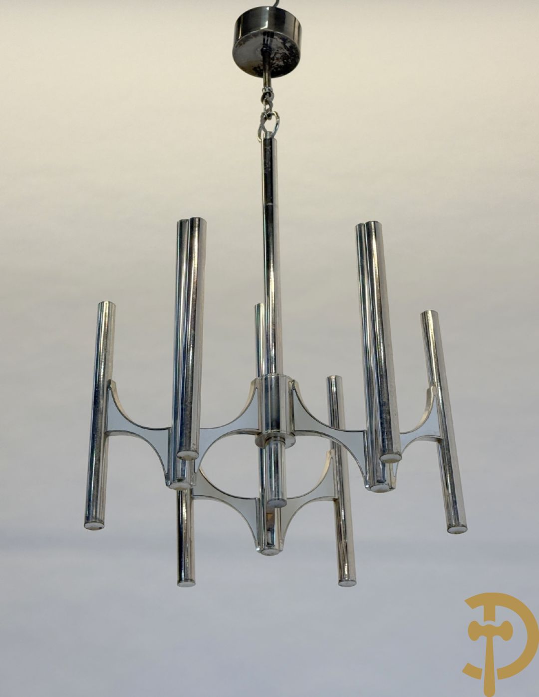 Vintage luchter met chromé buizen en 9 lichtpunten, Sciolari