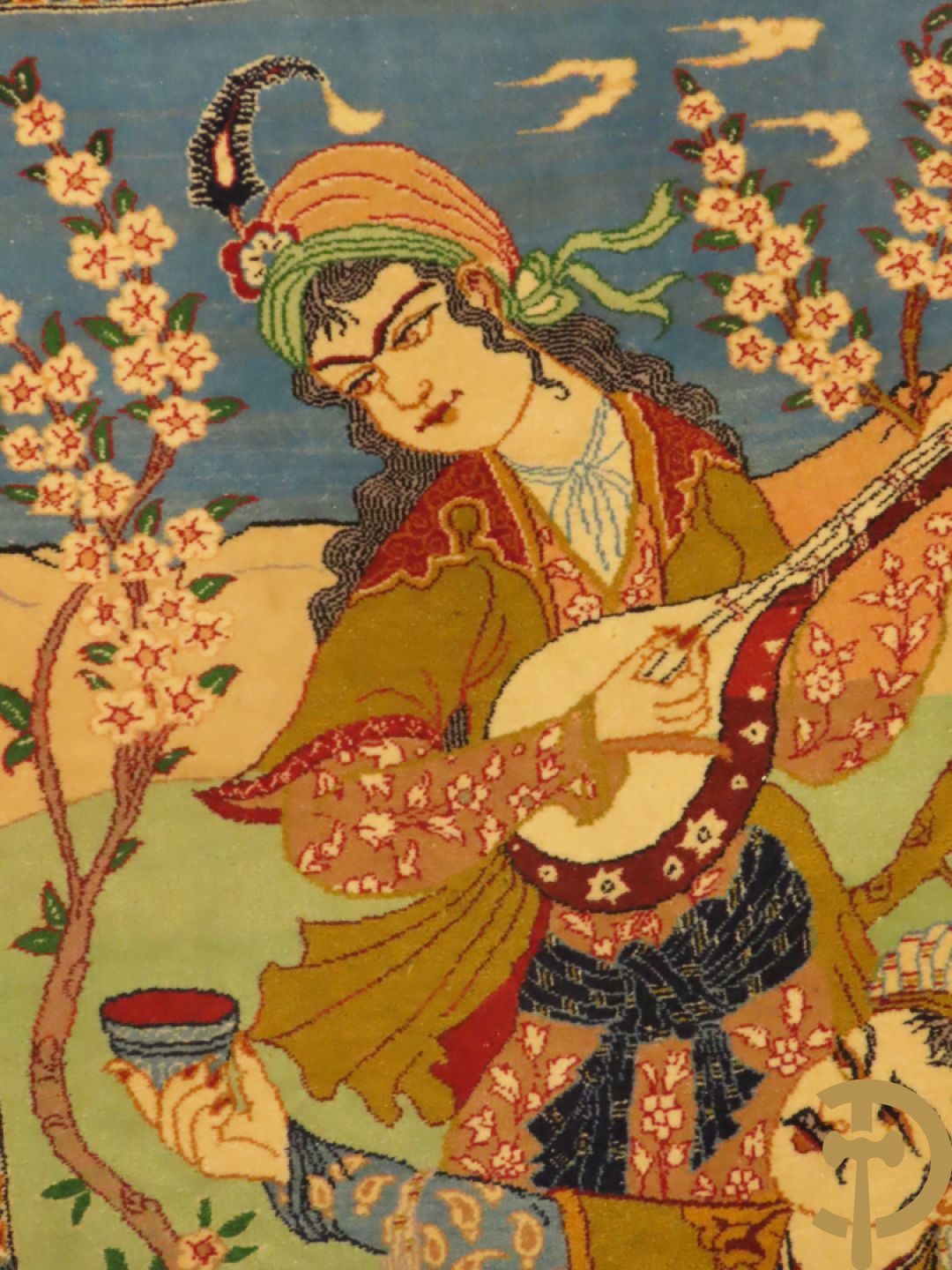 Perzisch handgeknoopt geïllustreerd tapijt met decor van musicerende dame en drinkende man