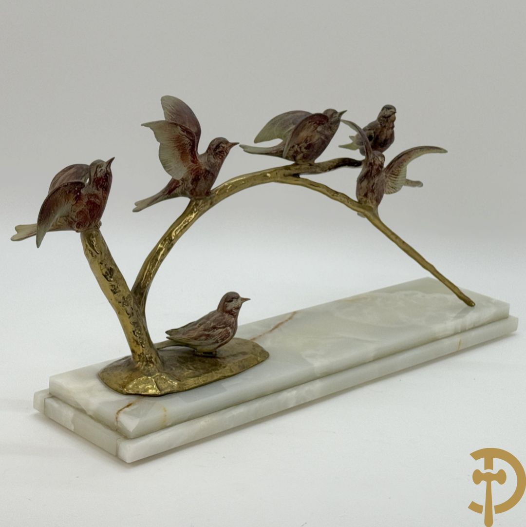 Ongetekend - Vergulde bronzen tak met zes vogels, op onix marmeren sokkel