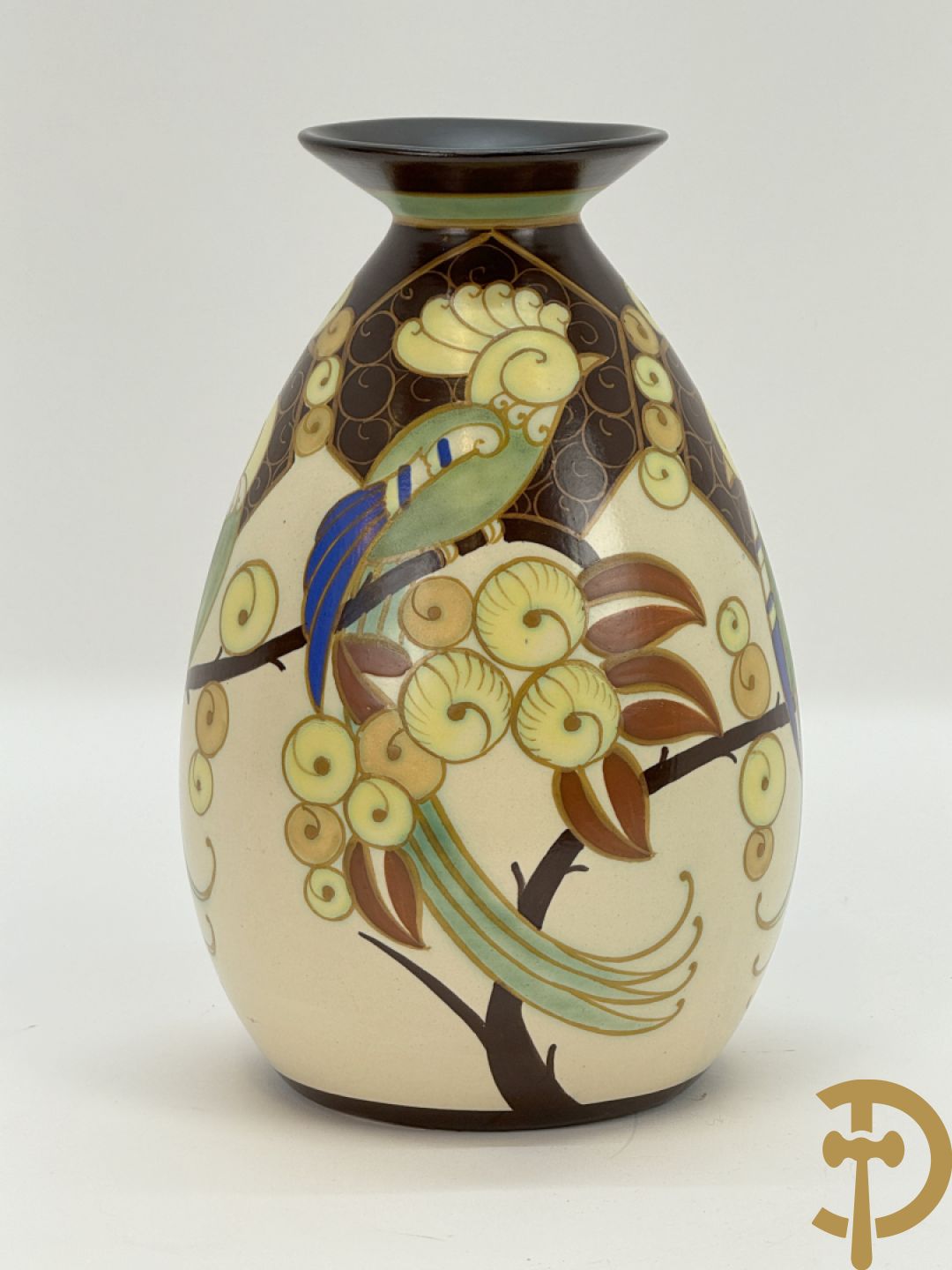 Keramieken Keramis Art Deco vaas met papegaaiendecor, Nr. 1130, Decor 945