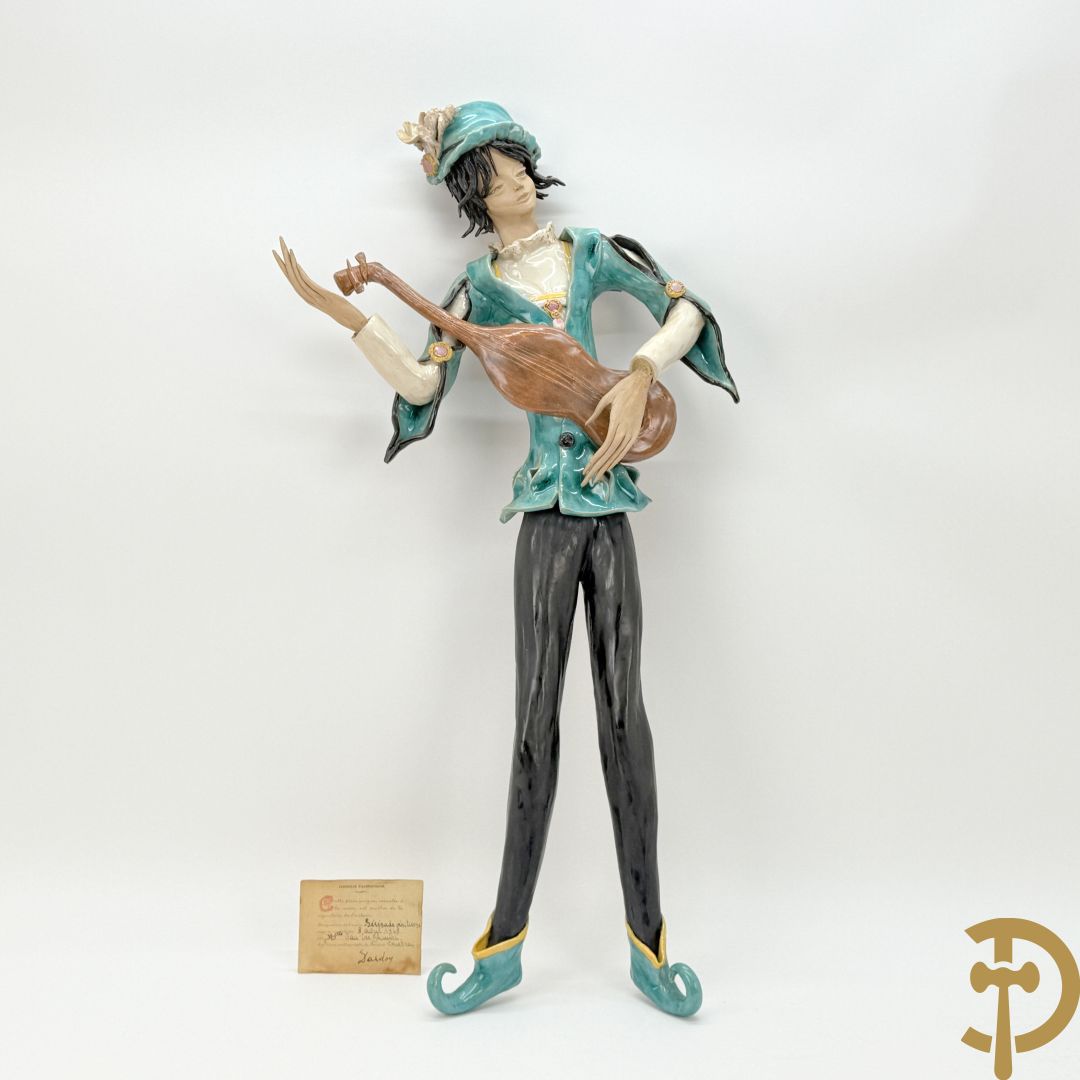 Keramieken troubadour, Italiaans en handgekleurd, Dandoy Gigi getekend, eind jaren 