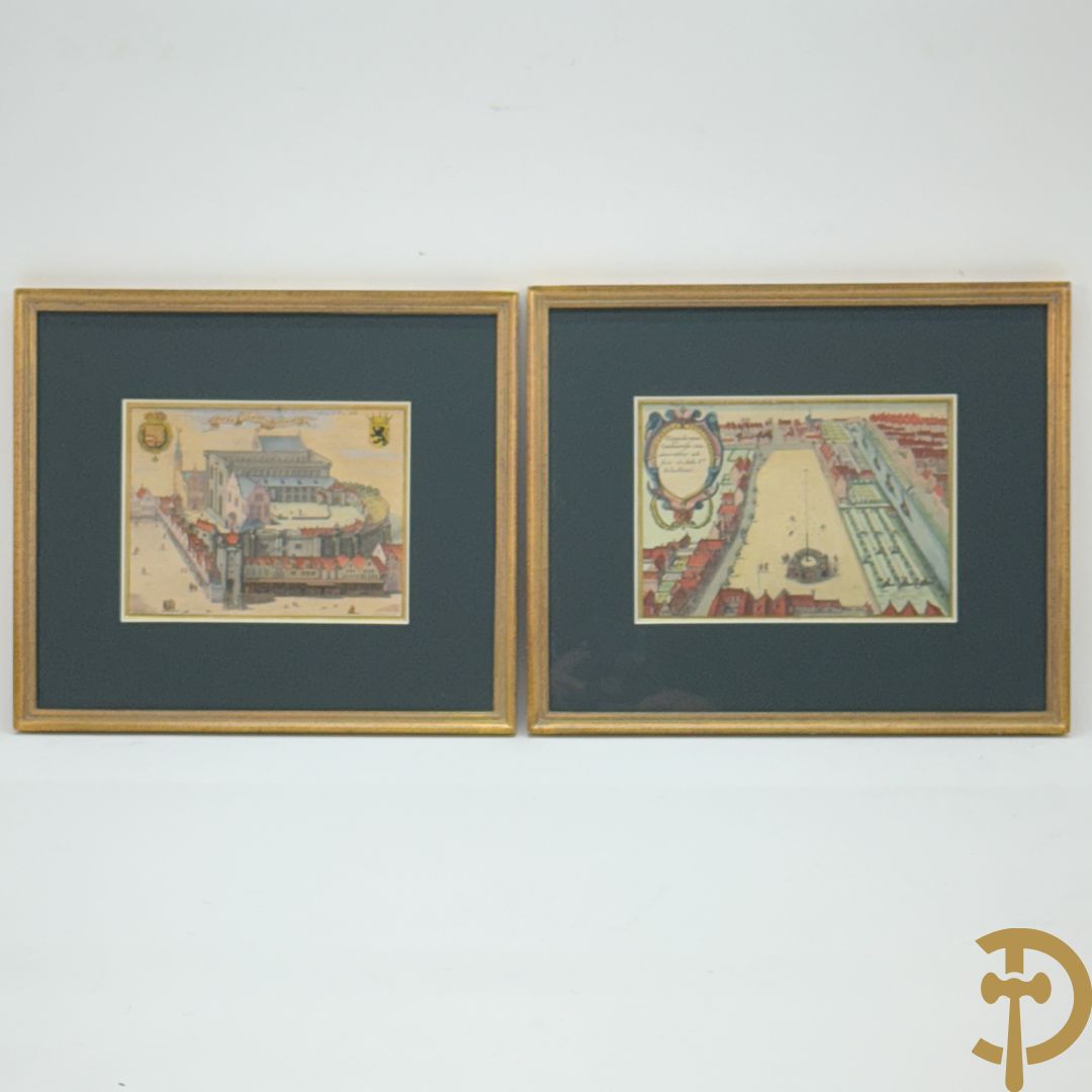 Handgekleurde kopergravure van de Kouter Gent uit Sanderus + handgekleurde kopergravure van Gravensteen uit Sanderus