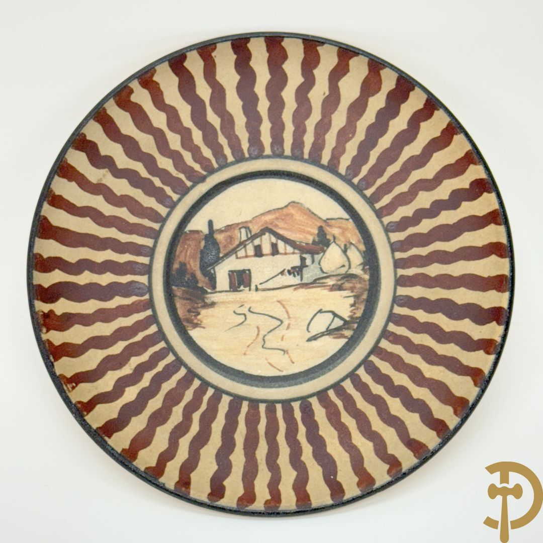 Tète à tète in meerkleurige faience Grès van Ciboure, getekend R. Le Corrone, bestaande uit theekan, melkkan, suikerpot, 2 tasjes en 2 schoteltjes