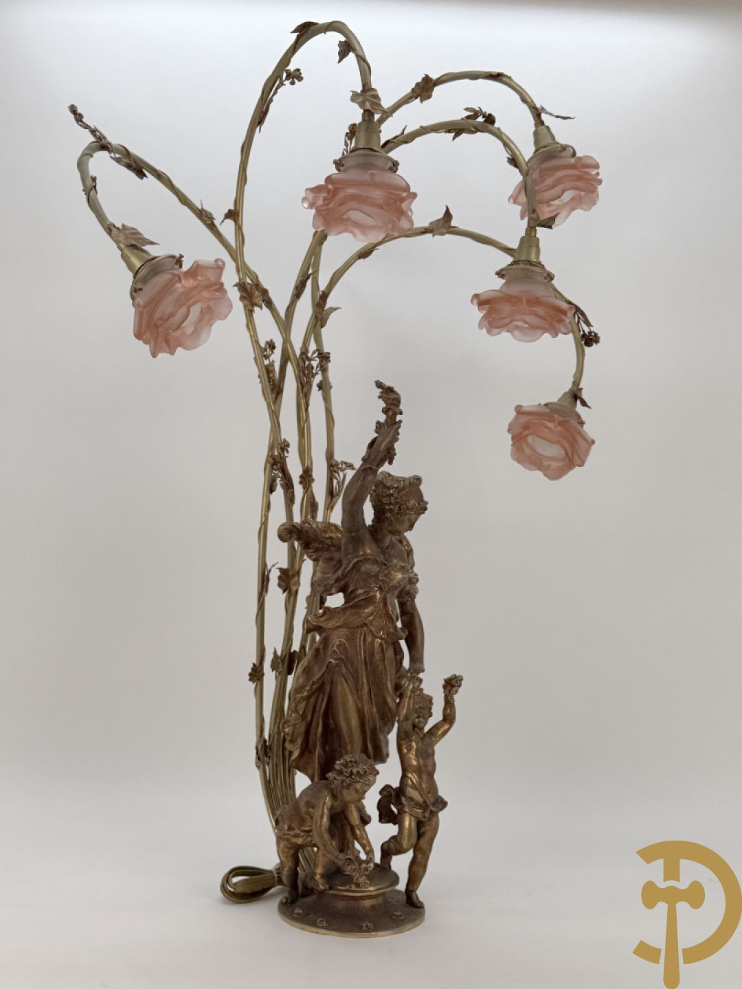 POITE getekend - Vuurverguld bronzen beeld van dame met kinderen houdende een toorts, achteraan 5 lichtpunten